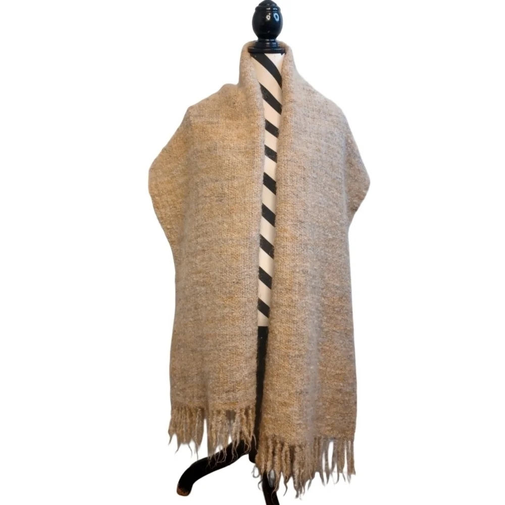 Earthy Natural Beige Hand Woven Mohair Wool Blend Fringe Wrap Shawl